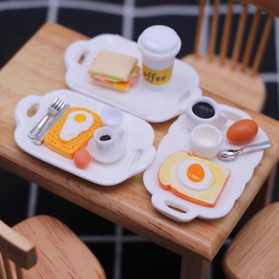 1:12 Dollhouse Miniature Breakfast Kitchen Hamburger Egg Coffee Meal Plate Cup Spoon Food Model Kitchen Decor