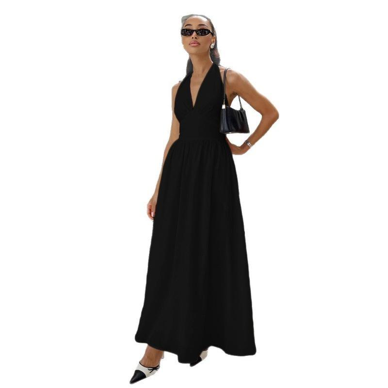 Women's Halter V Neck Maxi Dress Sleeveless Open Back Flowy Elegant Summer Long Dress