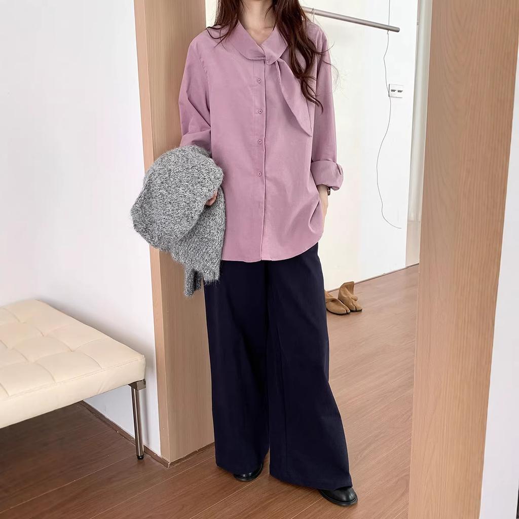 Weisong Clothing Korean Design Sense Scarf Collar Corduroy Shirt Women's Spring New Lazy Loose Casual Top