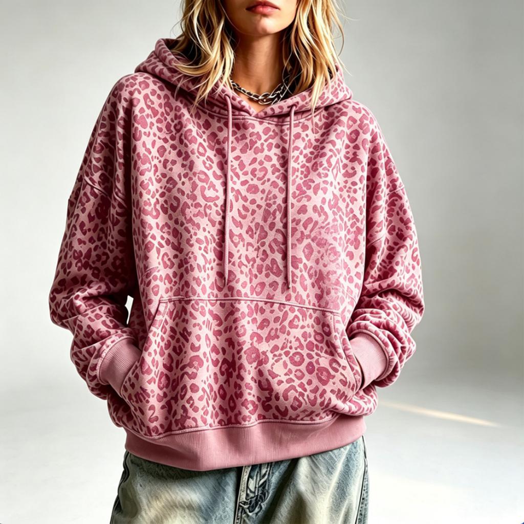 Damen Oversized Retro Kapuzenpullover mit Leopardenmuster