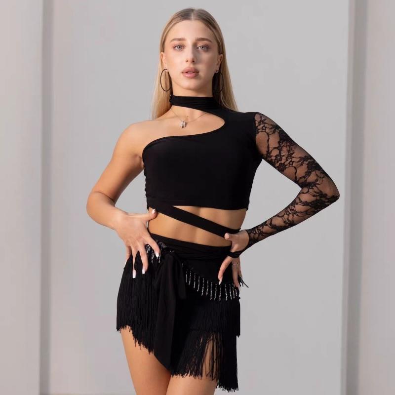 Abito da Danza Latina in Pizzo per Donne Nero Top a Manica Singola Set Gonna con Frange Costume per Allenamento Cha Cha Danza Samba Rumba Performance