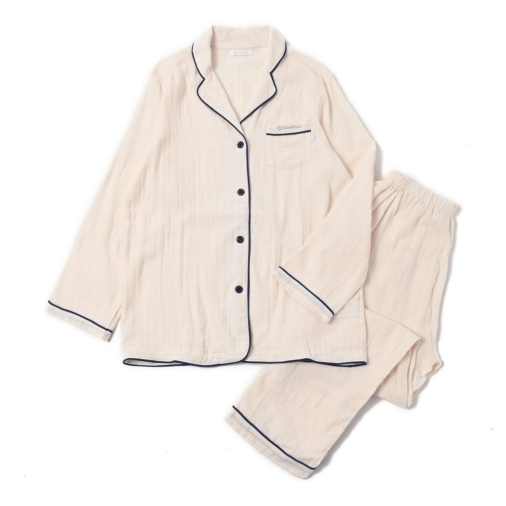 Six Rolls Long Sleeve Piping Double Gauze Pajama Solid Loungewear Women's Set, Color, 100% Cotton, (Size Small, Ivory)