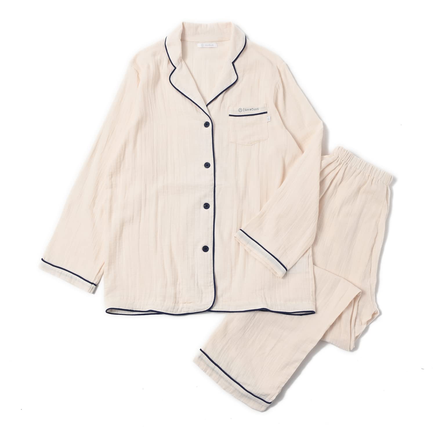 

Шесть рулонов пижамы из двойной марли с длинным рукавом и отделкой, однотонный комплект женской домашней одежды, цвет, 100% хлопок, (Размер Маленький, Слоновая кость) слоновая кость