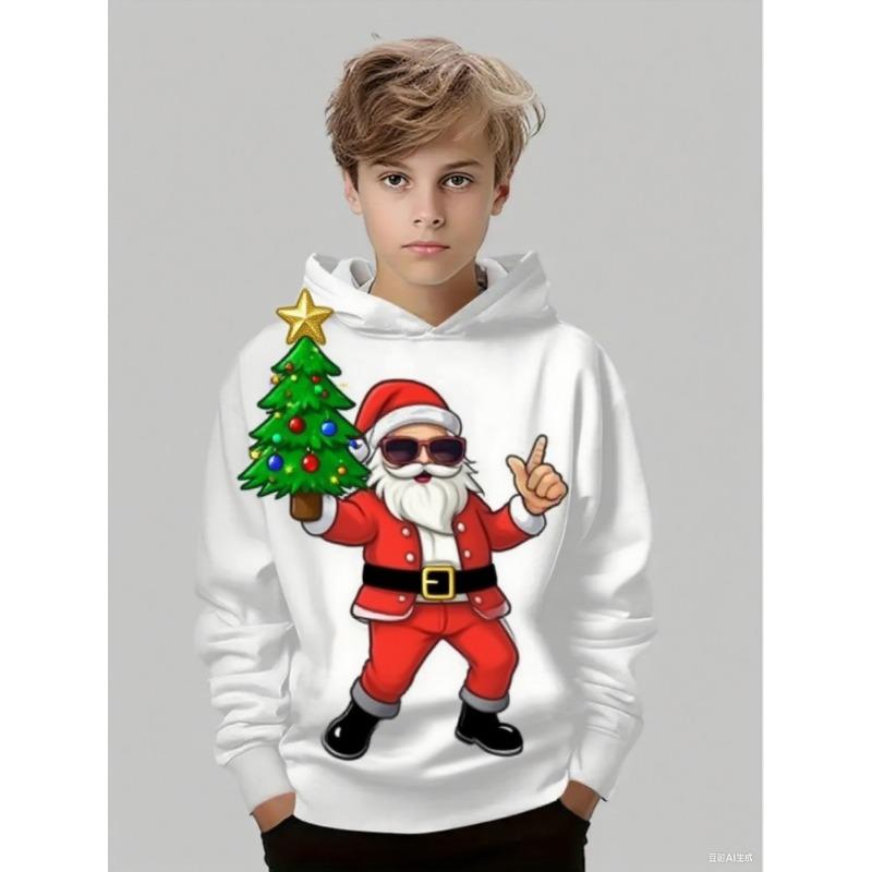 Santa Claus Graphic Sweatshirts Harajuku Long Sleeve Pullover Hoodies for Kids Unisex White Tops Y2k Streetwear Sweatshirt