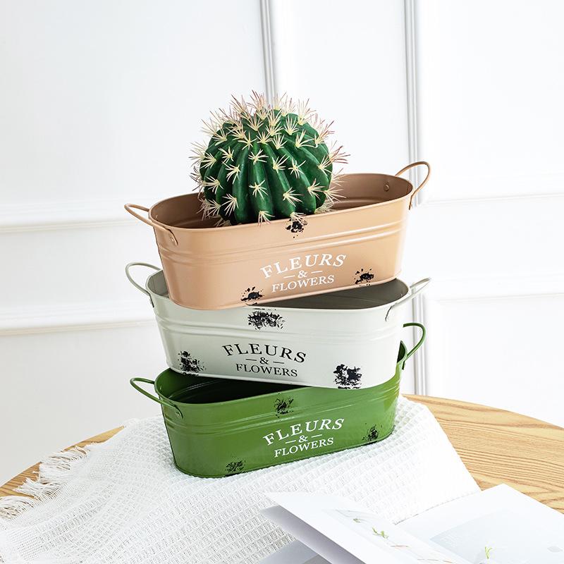 Retro Ellipse Iron Flower Pot with Handles Farmhouse Style Metal Planter for Succulents Desktop & Balcony Decor