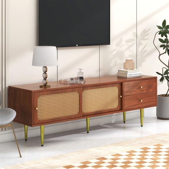 TV Cabinet Spacious Countertop with 2 Drawers Two Rattan Stand Sliding Doors Metal Legs Living Room Furniture Media