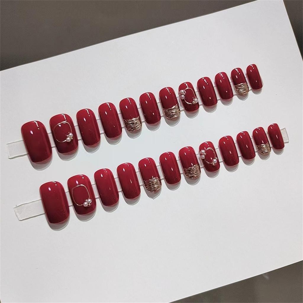 Mid-length Red False Nail Imitation Pearl Gold Line Reusable Artificial Nail for Hand Decoration Nail Art