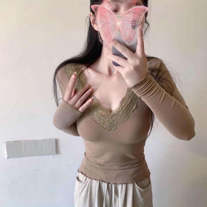 Damen Slim Fit Spitze Langarm Crop Top – Pure Desire Stil Frühling/Herbst Basisschicht