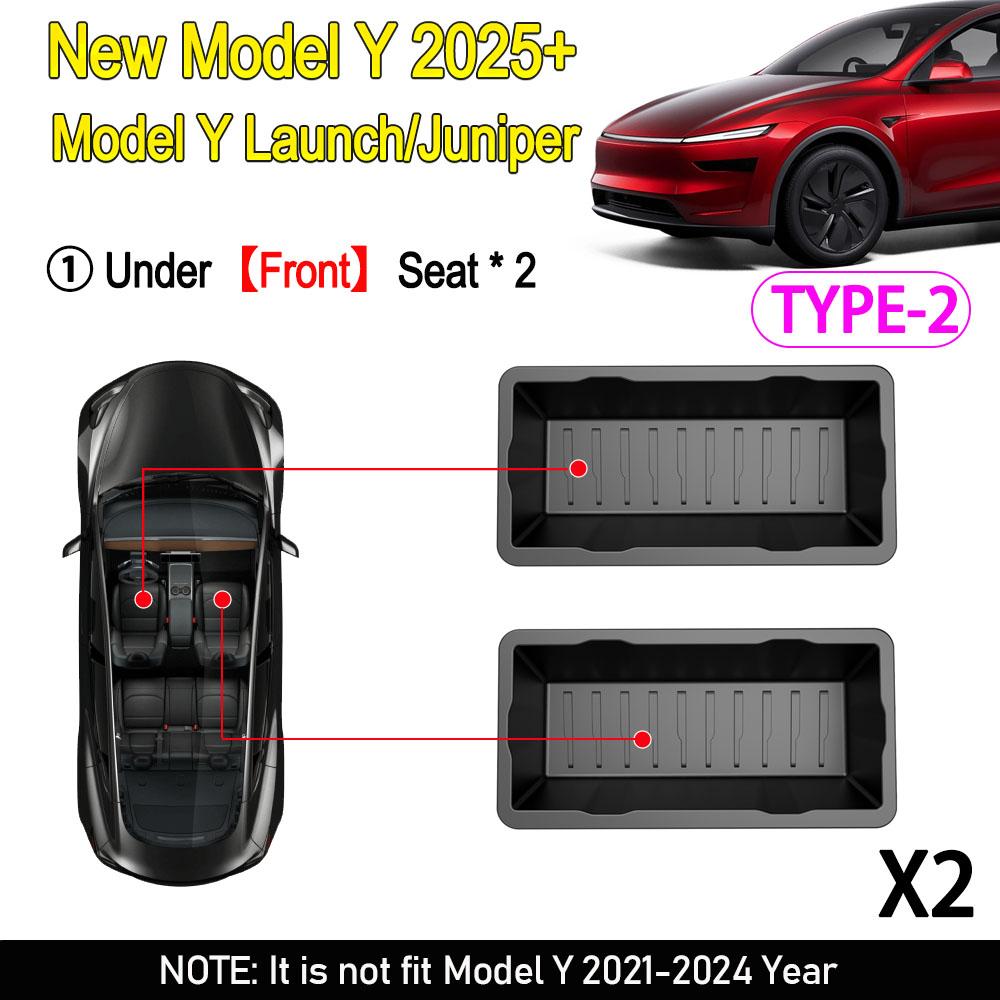 For Tesla Model Y Juniper 2025 Front Rear Under Seat Storage Box Bins Center Console Organizer Hidden Drawer Travel Accessories