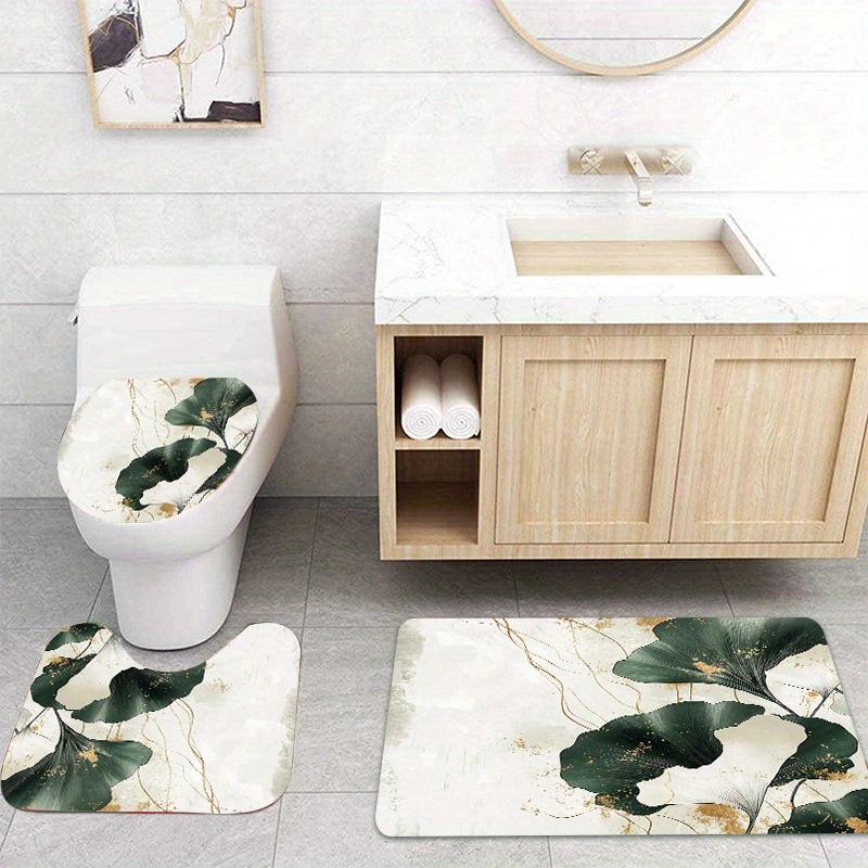 Chinese Lotus Shower Curtain Set - Traditional Painting Style, Polyester, Non-Slip Bath Mat, Toilet Seat Cover, U-Shaped Carpet