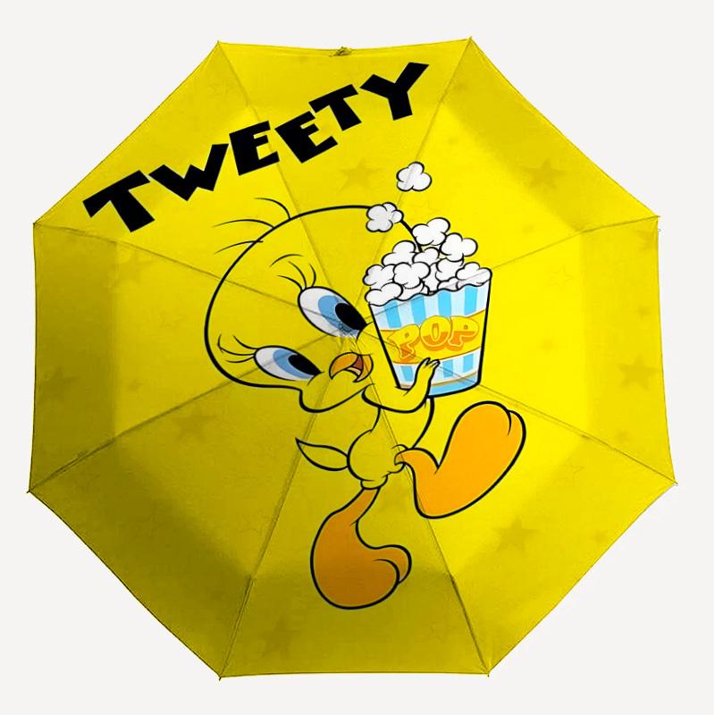 1PC Warner Tweety Popcorn Automatic Open/Close Umbrella with Windproof, 11-Rib Sturdy Canopy, Durable Ribs1228A