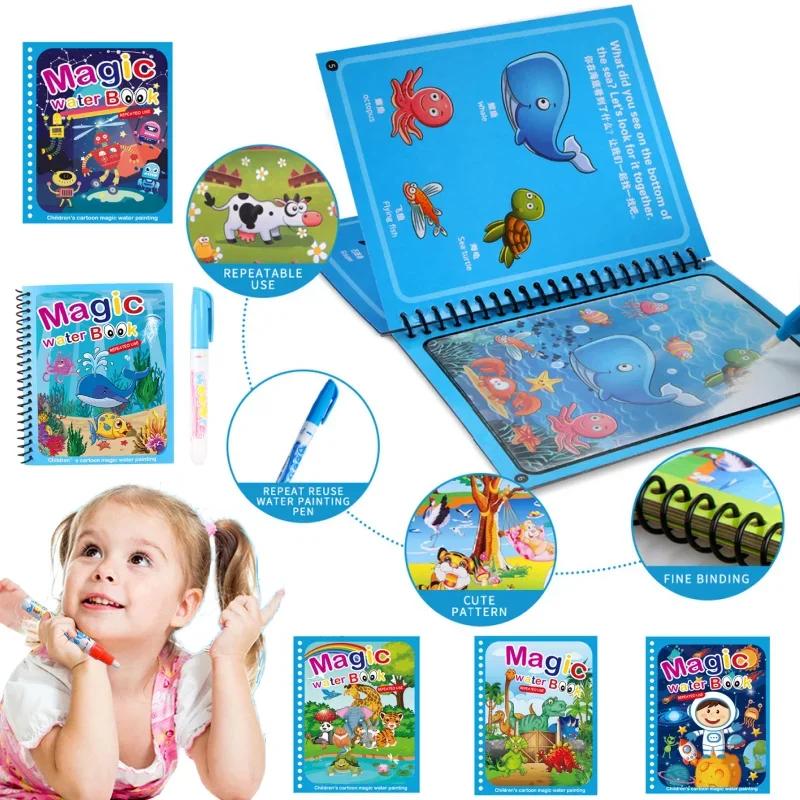 Rit- och målarböcker för barn Magisk vattenbok med penna 2 till 4 år Barn Lärande Utbildningsleksak Baby Montessori-leksaker