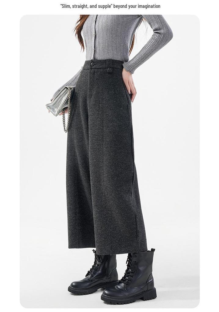Women's High-Waisted Black-Grey Wool Blend Wide-Leg Trousers, Plus Size, Autumn/Winter
