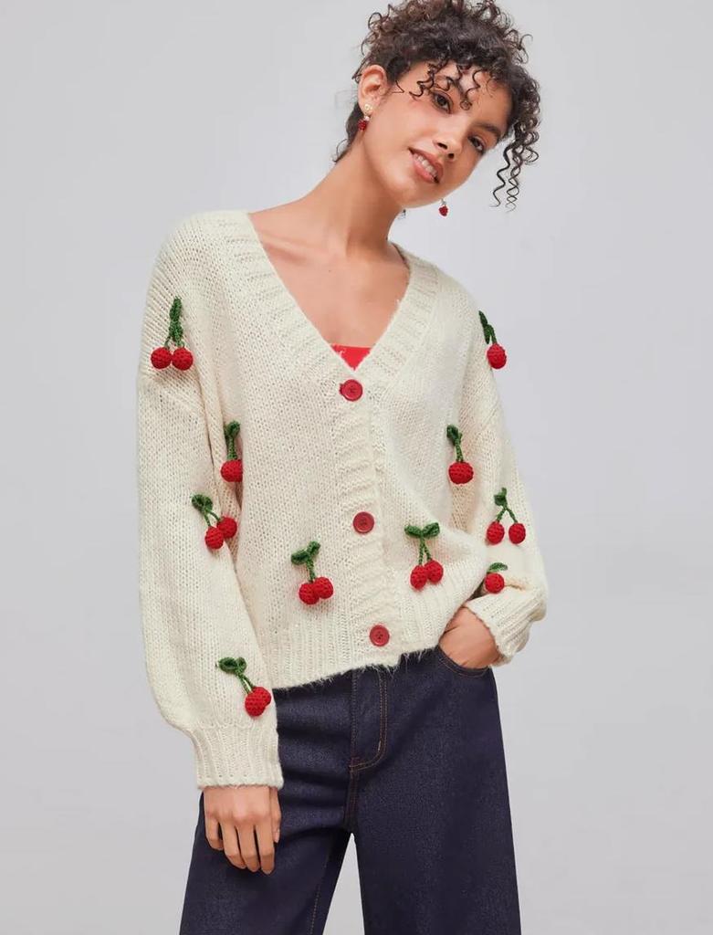 Autumn and Winter V-neck Sweater Versatile Cardigan Loose Trend Cherry Decoration Single-breasted Knitted Jacket Top Women