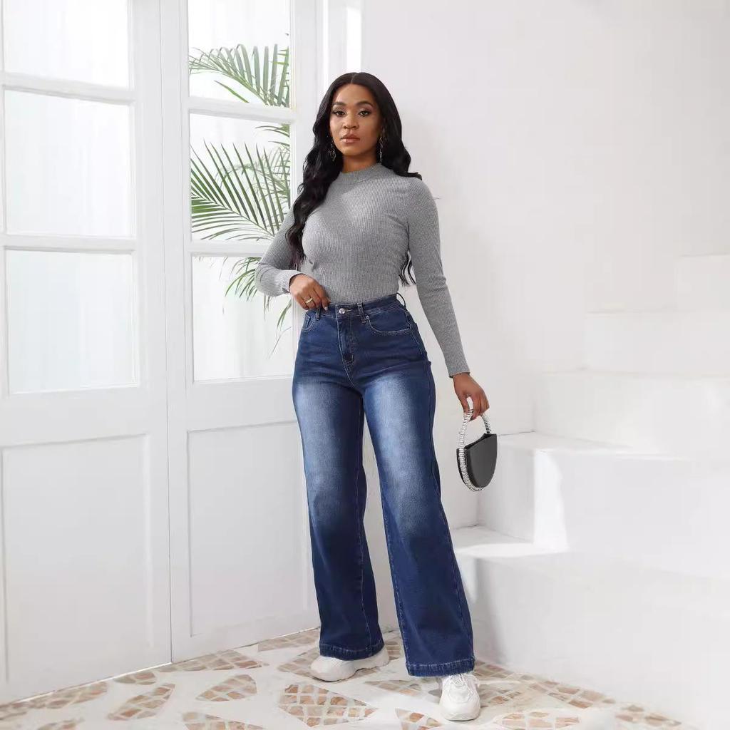 2024 Amerikanische High-Waist Straight-Leg Jeans: Trendige Damen Plus Samt Denim für Herbst/Winter