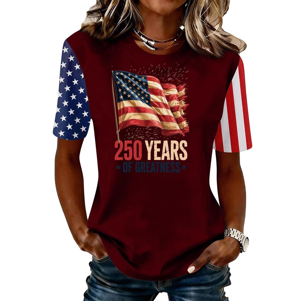 Women's Casual Short Sleeve T-Shirt 250 Years of Greatness Graphic Print Crew Neck Top Independence Day Themed Apparel