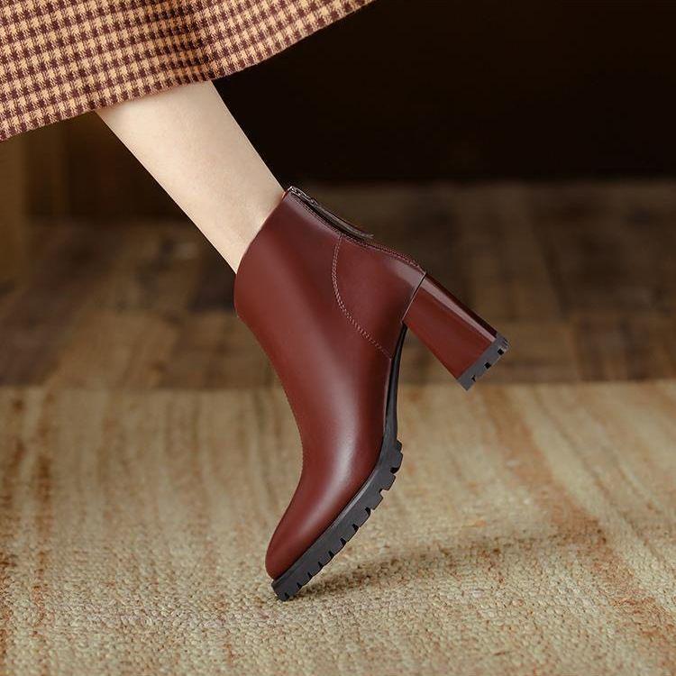 French Retro Pointed Toe Chunky Heel Ankle Boots for Women - Soft Leather Thick Sole Nude High Heel Short Shaft Autumn Style 38 4358₽