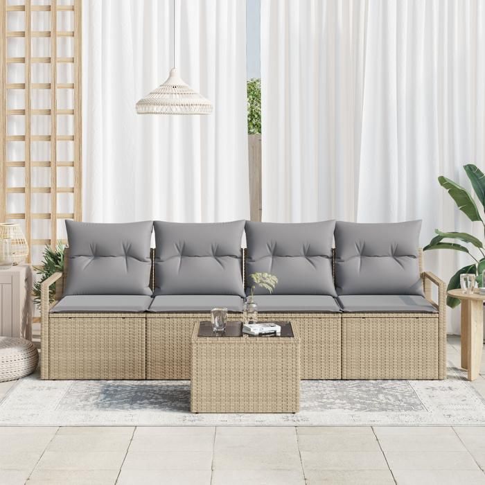 Ensemble de canapé de jardin 5 pièces avec coussins Beige Poly Rotin, Canapé de jardin 2 places avec coussins Beige Poly 3346250