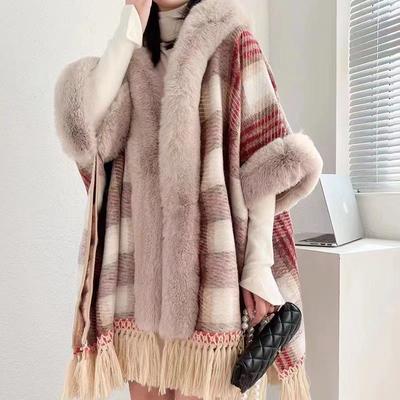 Cloak Shawl Hooded Fleece Thickened Temperament Tassel Medium And Long Loose Large Size Cloak Jacket 1186 #