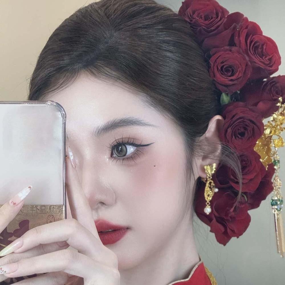 Chinese Style Golden Phoenix Hairpin Cloth Bride Flower Side Clips Beautiful Rose Hair Forks  Women