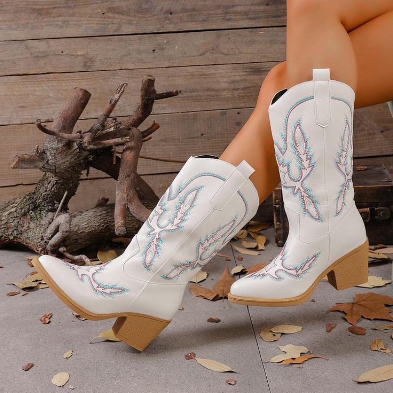 Women's Wide Width Western Cowboy Boots, Embroidered Mid-Calf Riding Boots, Vintage Chelsea Martin Boots for Women