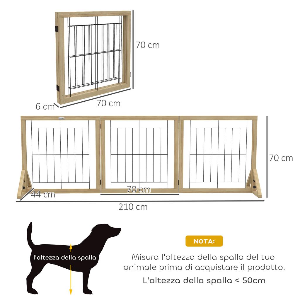 Folding Dog Gate with 3 Panels and Triangular Feet, 210x70 Cm, Natural Wood