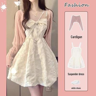 Elegant White Pearl Suspender Dress: French-Inspired Sweetheart Waist Princess Style
