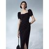 Langzi Elegant French Square Neck Black Dress