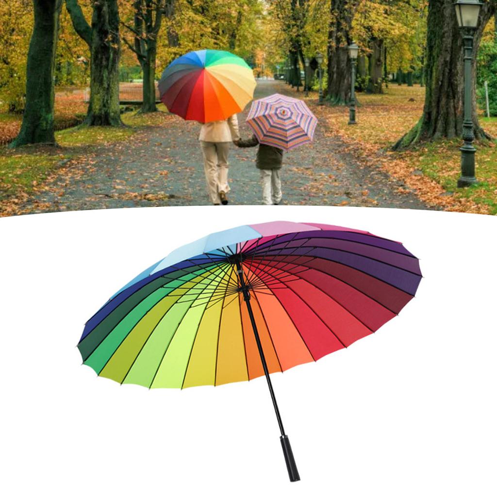 Long Handled Umbrella 24 Rib Large Windproof Reinforced Straight Umbrella for Outdoor Gift Rainbow