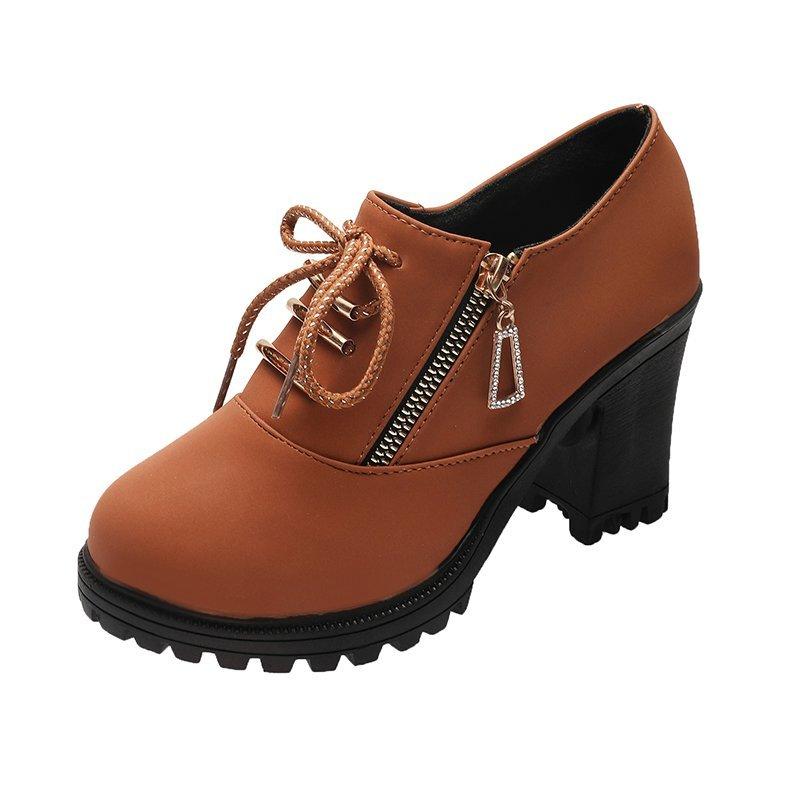 

Осенние новые туфли на толстом каблуке женская мода круглый носок глубокая замша шнуровка спереди боковая молния удобные туфли с низким верхом 40 темно-коричневого