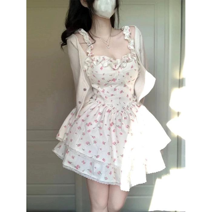 White Spice Girl Sexy Pure Wind Floral Suspender Dress Female Summer Waist Skinny Fluffy Dress Sweet Spicy Wind Skirt
