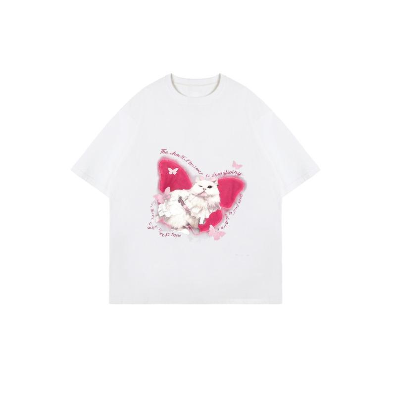 Übergroßes T-Shirt Schwarze Katze mit rosa Flügeln und Schmetterlingsdruck für Freizeitkleidung