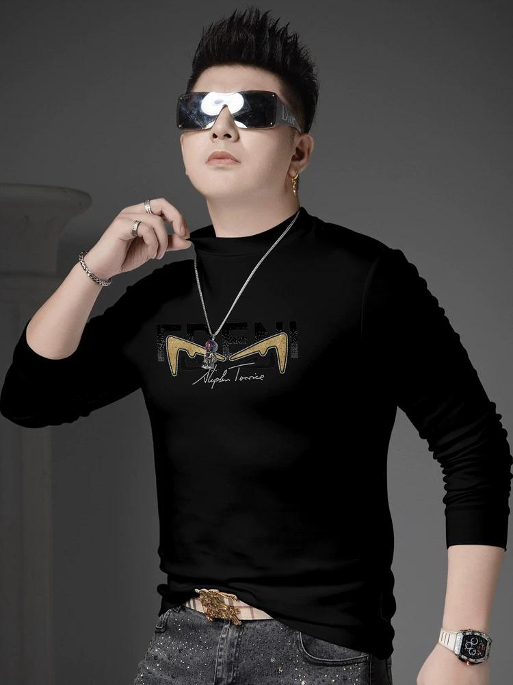 European-Style Long-Sleeve T-Shirt for Men, 2025 Autumn New Fashion Brand Rhinestone Half-High Collar Base Shirt, Men's Casual Top