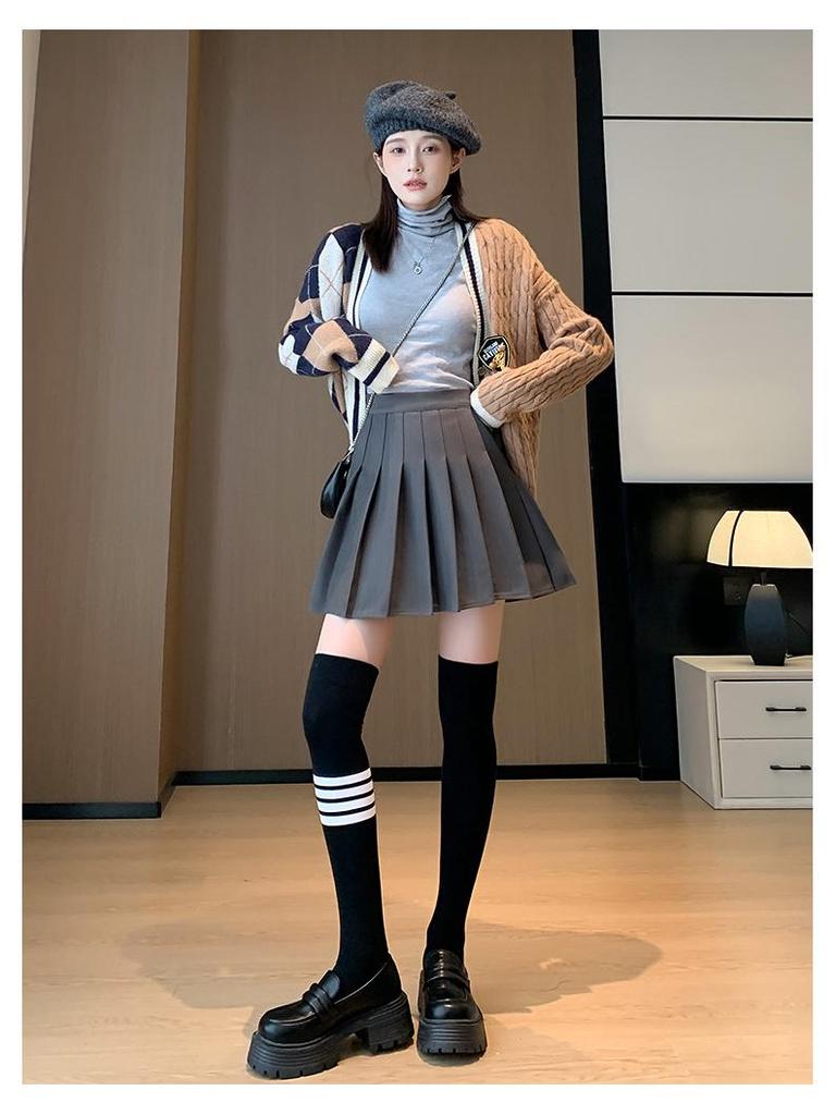 High-Waist Wool Pleated A-Line Skirt with Pockets - Slim Fit, Large Sizes for Autumn & Winter
