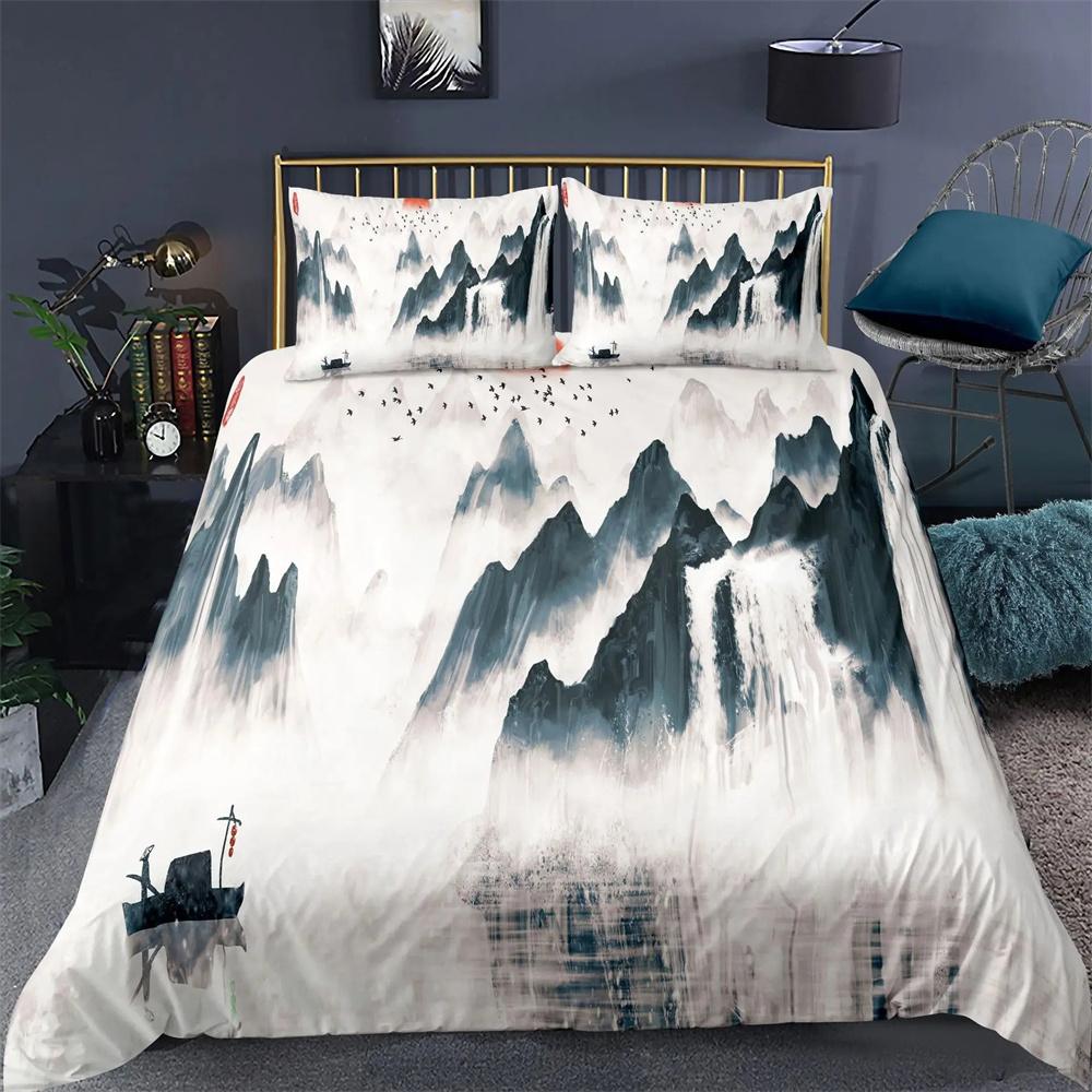 Nature Landscape Duvet Cover King/Queen Size,Chinese Ink Painting Style Bedding Set Mountain River 2/3pcs Polyester Quilt Cover