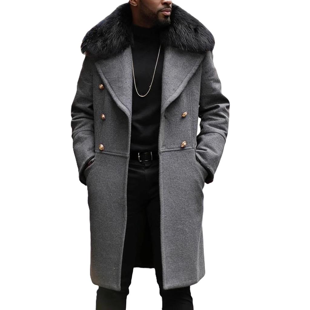 Men's Plus Size Double-Breasted Fur Collar Wool Coat