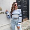 QICED Women's Fashion Casual Stripe Print Autumn Winter Long Sleeve O-Neck Loose Sweaters