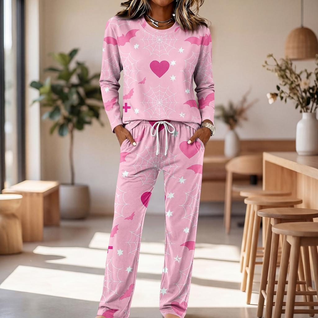 Women's Casual Pajama Set with Round Neck Long Sleeve and Drawstring Wide Leg Pants