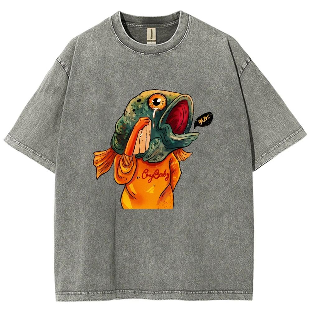 Funny Fish T Shirts Unisex Washed Tees Men Women Short Sleeve T-shirts Cotton T-shirt Streetwear Harajuku Graphic T Shirts