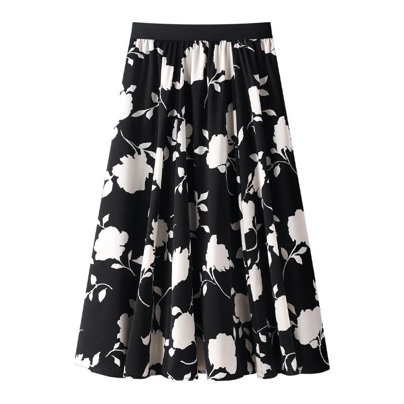Women's Black & White Floral High Waisted Pleated Chiffon Midi Skirt, Spring/Summer 2025 Collection