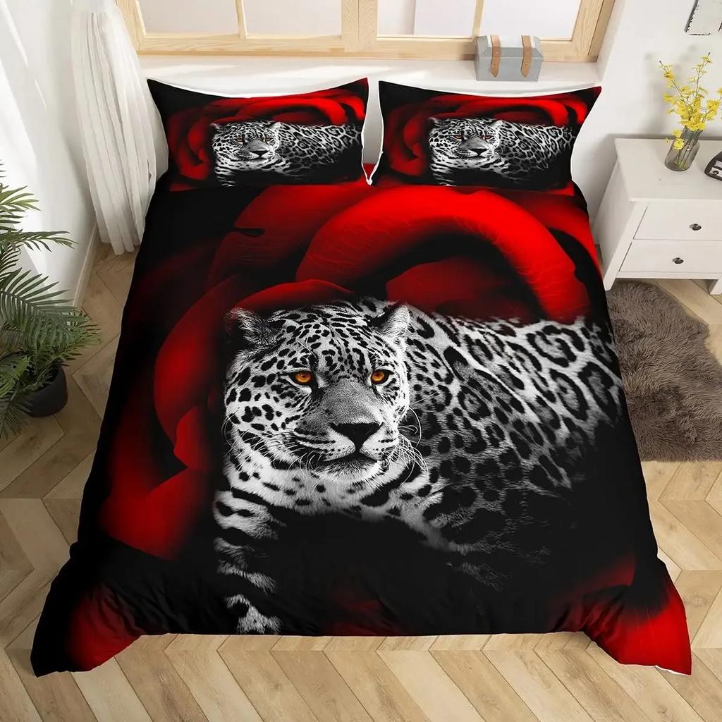 Leopard Duvet Cover Set Red Rose Bedding Sets Safari Animals Print Comforter Cover Rose Flowers Cheetah Quilt Cover King Size