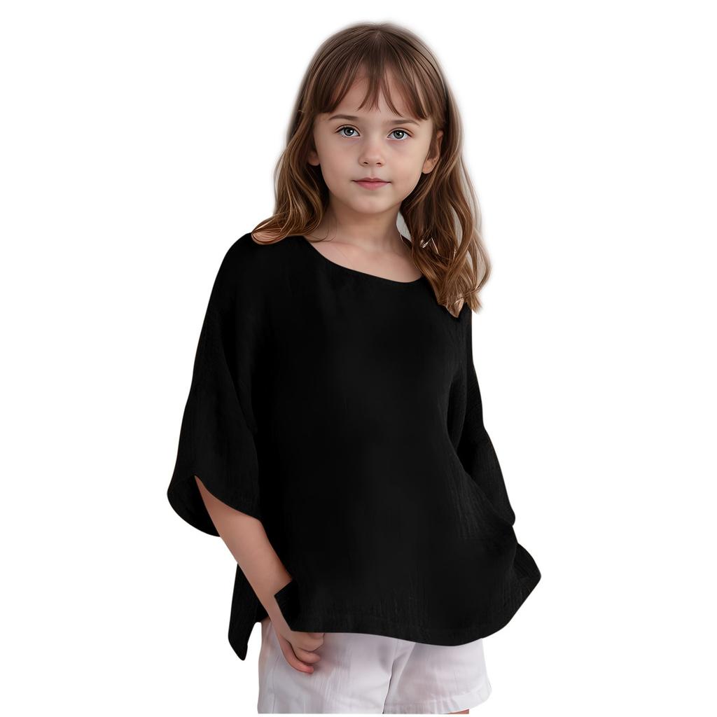 Kinder Baumwolle und Leinen Halbarm Rundhals T-Shirt Einfarbig Lässige Alltagsjacke