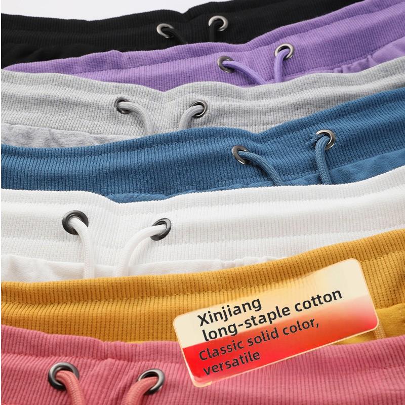 New Pure Cotton Terry Casual Shorts for Men and Women, Summer Solid Color Couple's Drawstring Knee-length Shorts