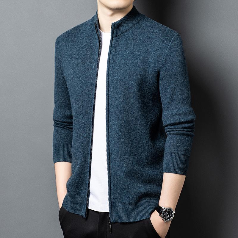 Märkes herrkofta i 100 % ull med dragkedja, avslappnad och mångsidig, tjock varm stickad plagg för unga och medelålders män
