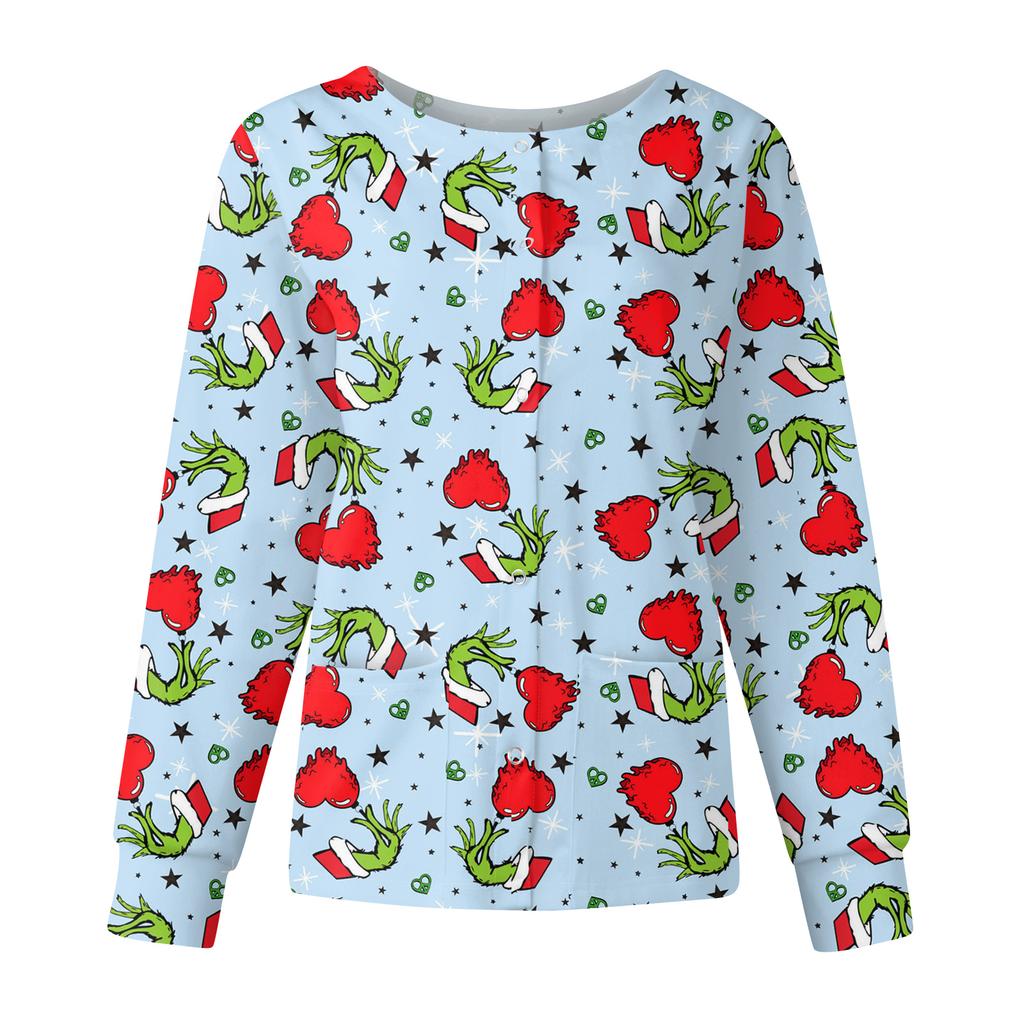 Women's Casual Fashion Long Sleeve Standing Collar Single Breasted Christmas Print Workwear Jacket Tops