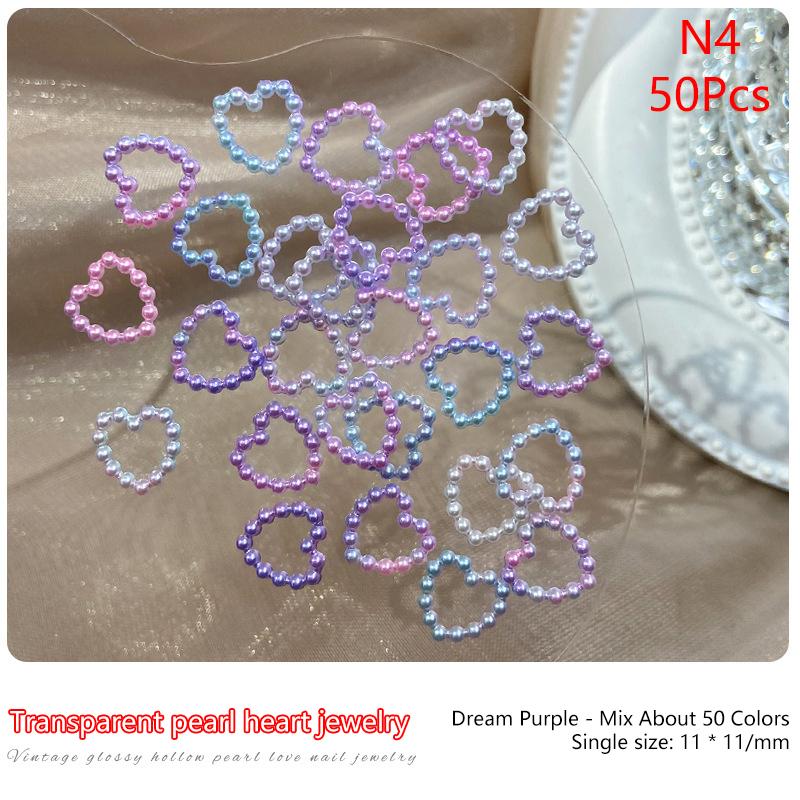 50Pcs White Purple Pink Heart Pearl Nail Decoration Hollow Charms Bulk 3D Nail Art Accessories For Women Girl Nails
