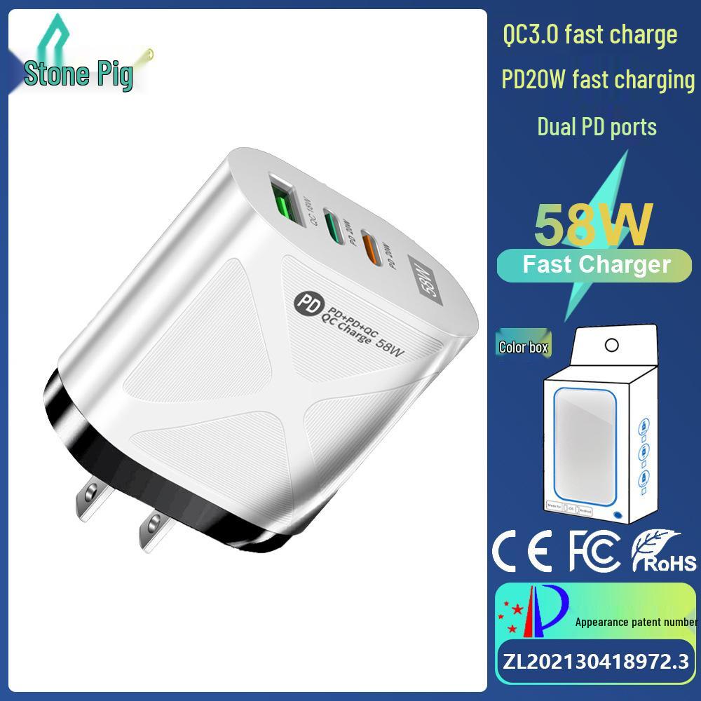 58W Dual Fast Charger with 2 PD + QC3.0 Inputs, EU/US/UK/AU Plug