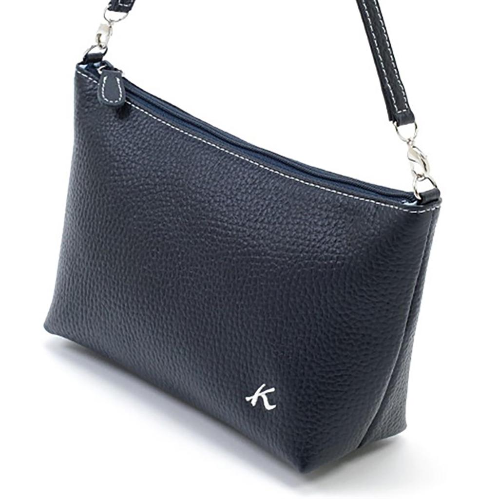 Kitamura RH0565 Shrink Leather 2-Way Pouch, Dark Blue with White Stitching, Navy Blue, 10901