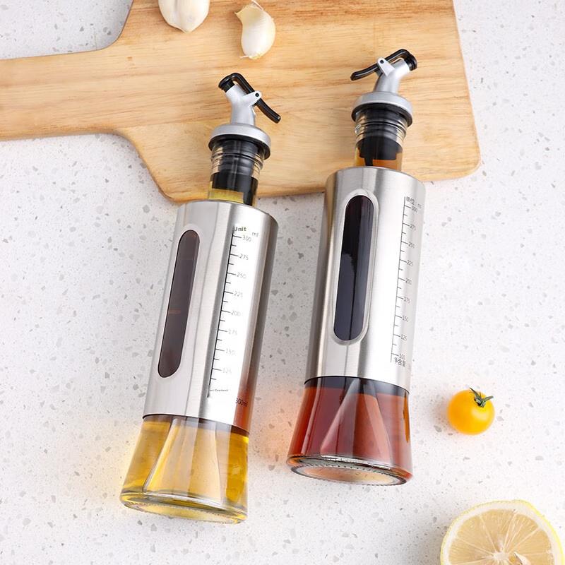 Glass Oil Bottle, Stainless Steel Soy Sauce Bottle, Vinegar Jug, Oil Pourer, Anti-Drip Spout, Non-Stick Oil Bottle, Condiment Container, 300ml*4