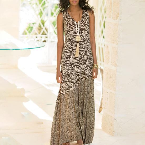Women Loose Dress Vintage Geometric Print V Neck Sleeveless Dress for Beach